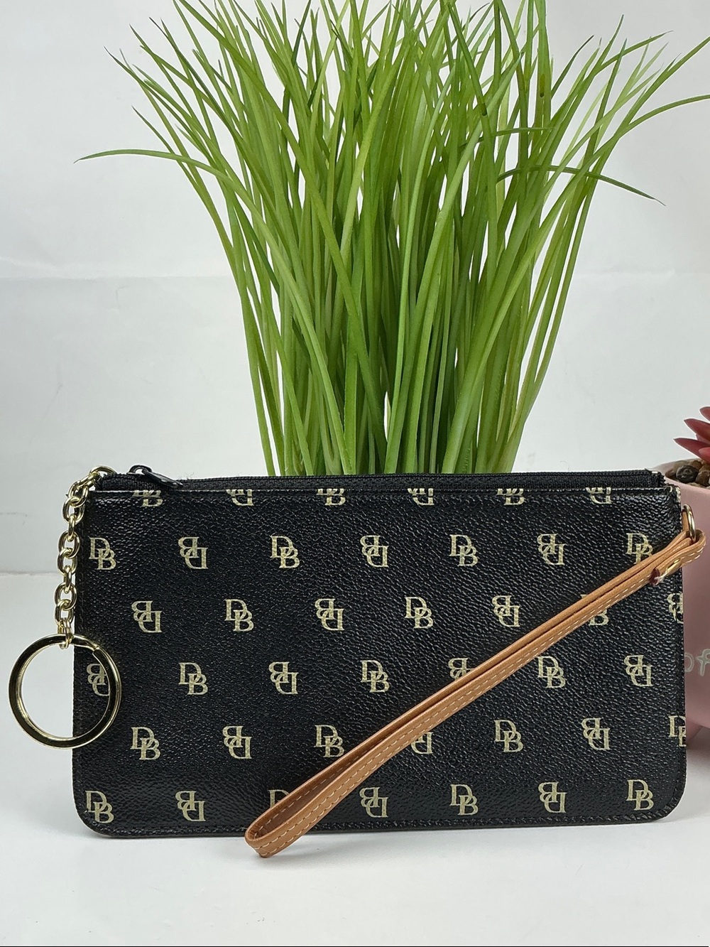 Dooney & Bourke Black Monogram Clutch Wristlet with Tan Strap Bag